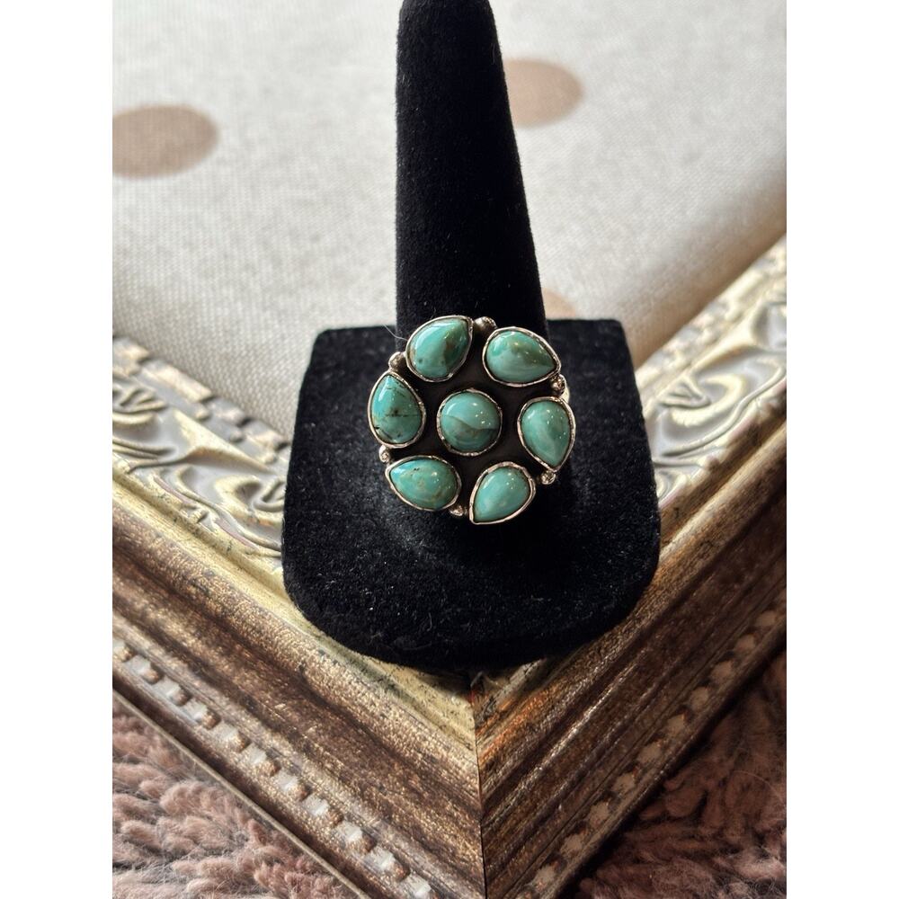 Stunning Kingman Turquoise Cluster Ring In Sterling Silver Ring w Accent Beads